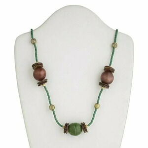 Handcrafted Ethnic Necklace Chunky Wood Brass Beads 32" Long Loop